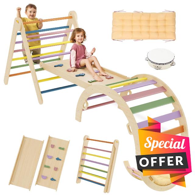 Pikler Triangle Set 7-in-1 Foldable Toddler Climbing Toys Indoor Jungle Gym with Ramp & Arch