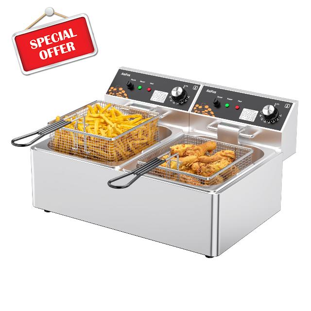 Commercial Deep Fryer 20L/21Qt Dual Tank Countertop Fryer 1.0mm Thickened Stainless Steel 3400W Electric Immersion Deep Fryers with Basket Adjustable Temperature for Restaurant