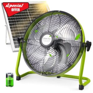 12" Solar Rechargeable Floor Fan - Portable Battery Operated Solar Powered Fan with 20W Panel & AC Charging