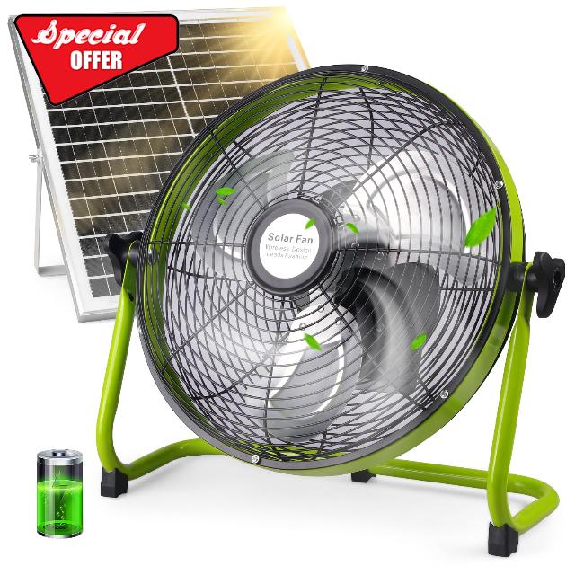 12" Solar Rechargeable Floor Fan - Portable Battery Operated Solar Powered Fan with 20W Panel & AC Charging
