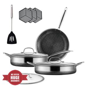Hybrid Stainless Steel Pots and Pans Set Non Stick 10 Piece Tri-play Nonstick Cookware Sets Non-toxic Saute Pan with Tempered Glass Lids