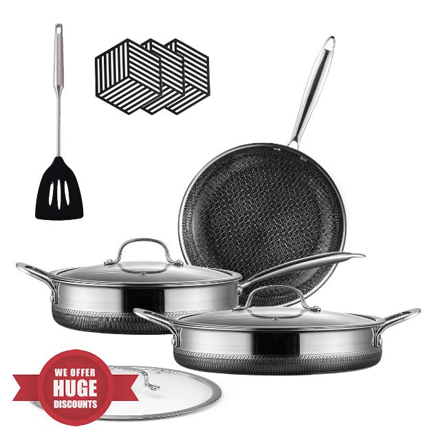 Hybrid Stainless Steel Pots and Pans Set Non Stick 10 Piece Tri-play Nonstick Cookware Sets Non-toxic Saute Pan with Tempered Glass Lids