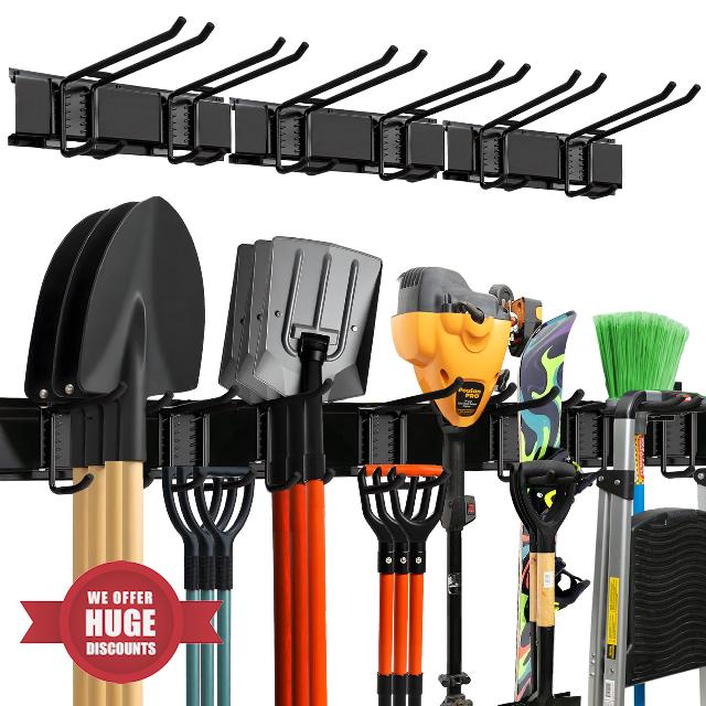 Garage Wall Organizer | 48" Heavy-Duty Tool Storage Rack | Adjustable Double-Layer Hooks | 300 lbs Capacity | Carbon Steel Wall Mount Holder for Shovels