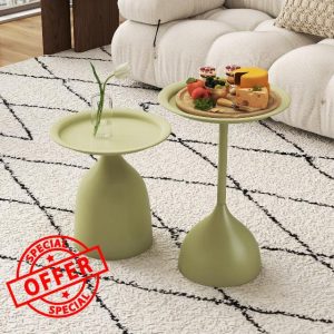 hitsuki Green Nesting Coffee Table Set of 2 Funky Colorful Round Metal End Side Tables for Living Room Sofa Retro Modern Pedestal nightstand Cute Matte Cream Green Side Table