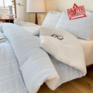 Boho Comforter Set Queen Size - 3 Pieces Lightweight Jacquard Seersucker Bedding Sets (1 Soft Fluffy Grid Comforter & 2 Pillowcases) - All Seasons Cozy Modern Bed Set(90"x90" Sky Blue)