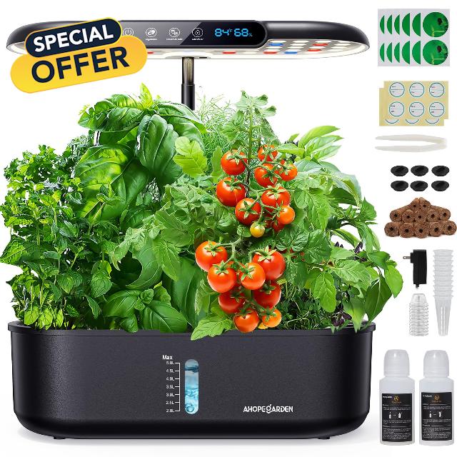 Ahopegarden Indoor Garden Hydroponics Growing System: 12 Pods Plant Germination Kit with LCD Display and LED Light