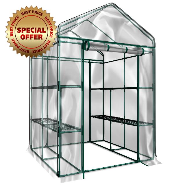 Greenhouse - Walk in Greenhouse with 8 Sturdy Shelves and PVC Cover for Indoor or Outdoor Use - 56 x 56 x 76-Inch Green House by Home-Complete