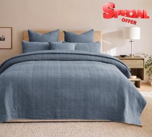 Cotton King Size Quilt Bedding Sets with Pillow Shams Oversized Ultra Soft Lightweight Bedspread Quilted Bed Coverlets Waffle Weave Blanket Thin Comforter for All Season