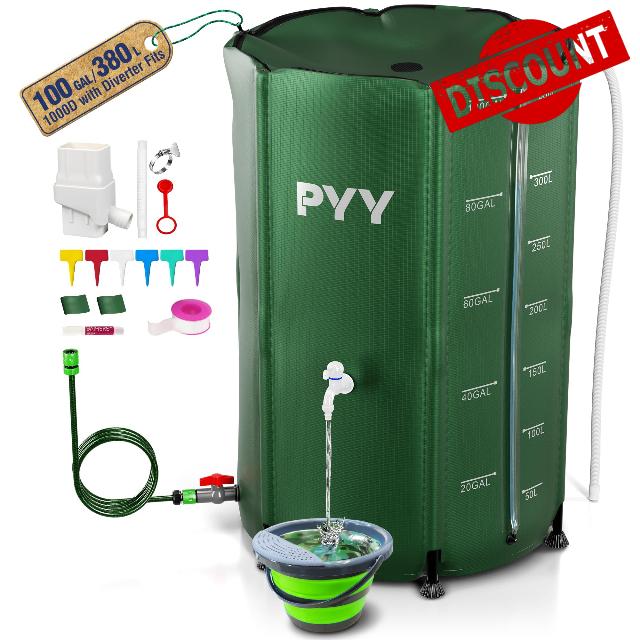 PYY Rain Water Collection Barrel - 100 Gallon Green Water Storage Tank with Spigots