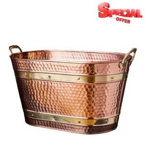 Copper Metal Tub with Sturdy Brass Handles - 25QT Heavy Duty Metal Basket for Indoor Firewood Storage