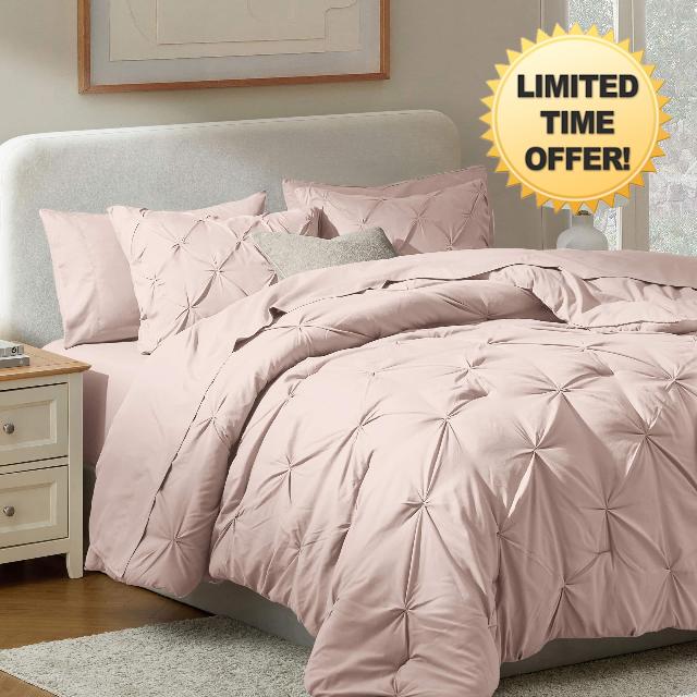 Nestl 9 Piece Queen Comforter Set – Blush Pink Pinch Pleated Bed in a Bag – Complete Queen Size Bedding Set with Sheets