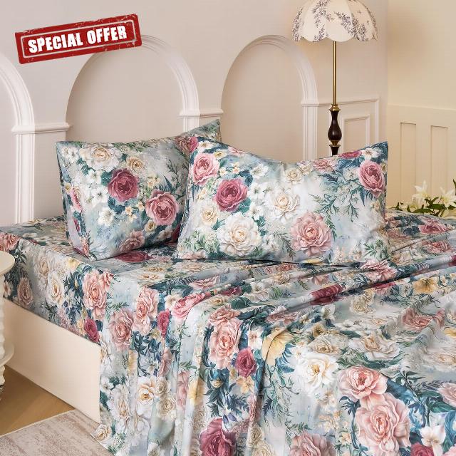 Blue Floral Bed Sheets Set 100% Cotton Percale Sheets Queen Size Shabby Vintage Chic Peony Patterned Sheets