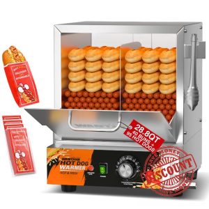 Hot Dog Steamer Machine - 28.8QT Commercial Electric Hotdog Machine with Bun Warmer Stainless Steel Tempered Glass Steamer Machine for 160-175 Sausages & 30-40 Buns