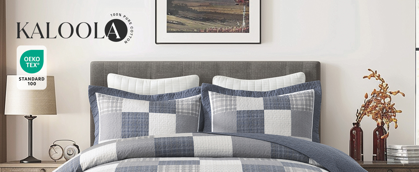 100% cotton soft lightweight farmhouse blue printed plaid pattern quilt set all season use