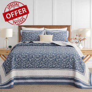 Oversized King Bedspread - 120" Lx120 W Extra Wide - 100% Cotton Lightweight Vine Botanical California Quilt Sets - Reversible Super Bed Coverlet Set - Grayish-Blue/Light Gray