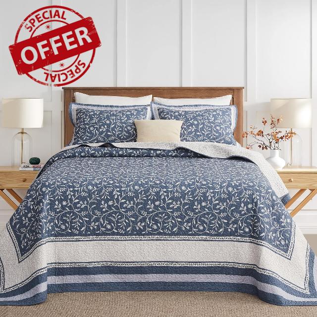 Oversized King Bedspread - 120" Lx120 W Extra Wide - 100% Cotton Lightweight Vine Botanical California Quilt Sets - Reversible Super Bed Coverlet Set - Grayish-Blue/Light Gray