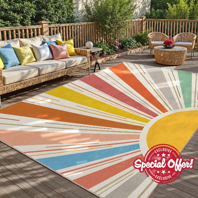 Multicolored Outdoor Indoor Area Rug Boho Sun Rainbow Washable Outdoor 8x10 Patio Rugs Medieval Aesthetic Vintage Abstract Art Non-Slip Carpet for Living Room