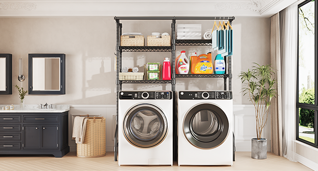 laundry storage shelves over washer and dryer