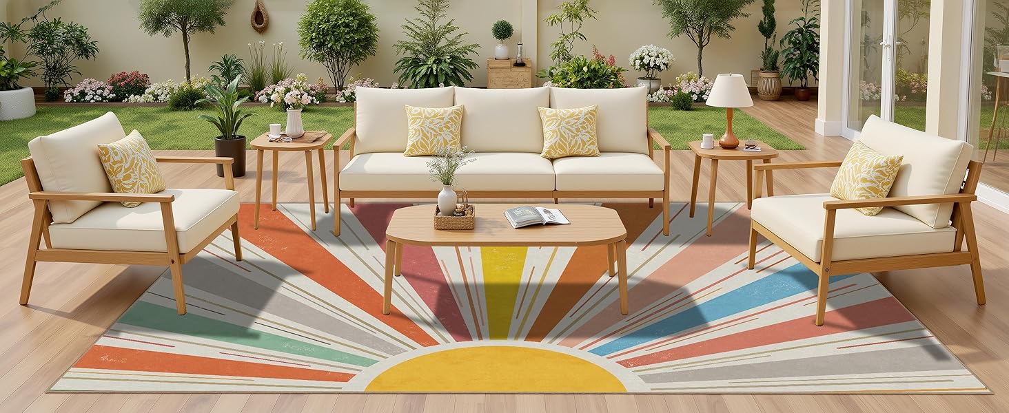 Boho Sun Rainbow Washable Outdoor Patio Rugs