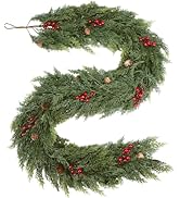 ENVEN 9FT Artificial Cedar Christmas Garland with Pine Cones and Red Berries, Greenery Holiday Ga...