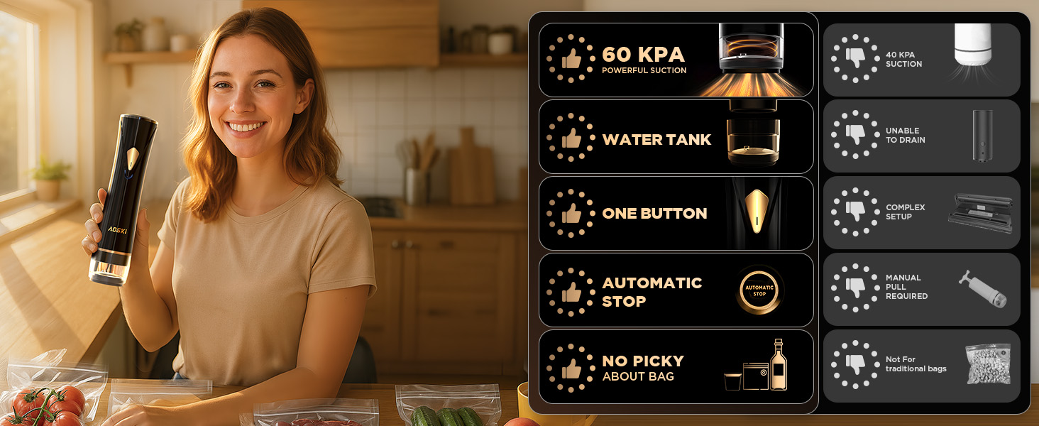 Woman holding AOSKI machine; chart compares its strong suction, ease, and versatility to others.