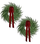 ENVEN Artificial Norfolk Pine & Cedar Christmas Wreath with Velvet Bow – Real Touch Faux Greenery...