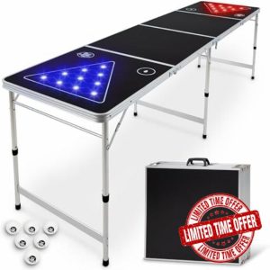 GoPong 8 ft Foldable Beer Pong Table with LED Lights - Regulation Size Portable Pong Table with 6 Balls