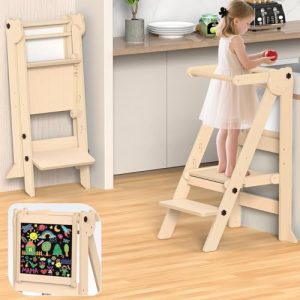 Wooden Toddler Kitchen Stool Helper with 3 Adjustable Heights and Removable White/Blackboard