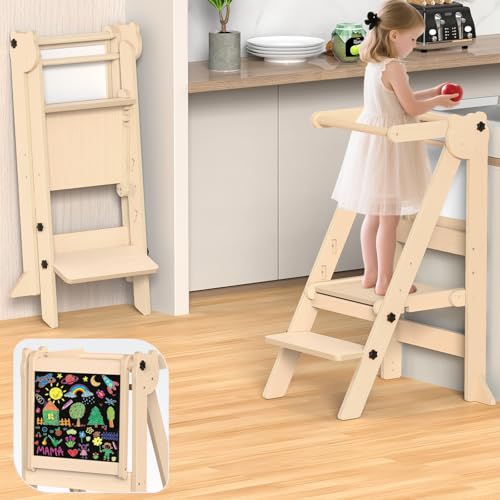 Wooden Toddler Kitchen Stool Helper with 3 Adjustable Heights and Removable White/Blackboard