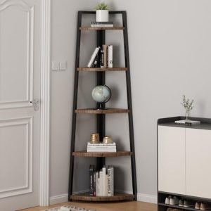 Solid Wood Modern Corner Bookshelf Bookcase Industrial Corner Ladder Shelf， Display Wooden Shelving Unit Shelf for Living Room