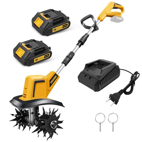 21V 330RPM Tiller Cultivator 8" Tilling Width and 6" Depth Garden Rototiller with 2 * 2.0Ah Batteries for Lawn/Gardening (Cordless Tiller+2 Batteries)