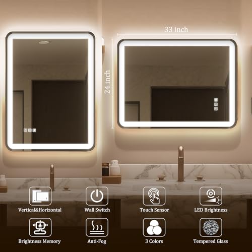 Lighted Mirror for Bathroom Wall with 3-Color Dimmable & Anti-Fog