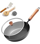 WANGYUANJI 11-Inch Hand-Hammered Iron Frying Pan with Lid and Spatula
