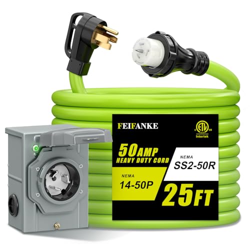 25 Feet 50A 4 Prong Heavy Duty RV Extension Cord NEMA 14-50P to SS2-50R STW 6/3+8/1 AWG Gauge Wire Cable for RV Camper & House