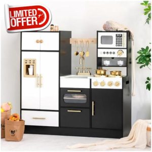 Wooden Play Kitchen Set for Kids – Interactive Pretend Toddler Kitchen Playset with 12 Kitchen Toy Accessories