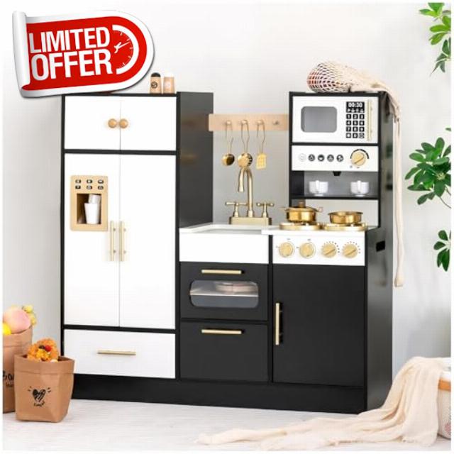 Wooden Play Kitchen Set for Kids – Interactive Pretend Toddler Kitchen Playset with 12 Kitchen Toy Accessories