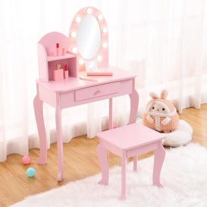 Pretend Play Girls Vanity Table and Chair Set with Mirror