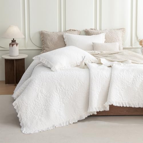 Cotton Ruffled Flower Petal Pattern Ultra Large Wide Oversized Quilted Set 3Pcs White Crinkle Aesthetic Farmhouse Bedding for All Season