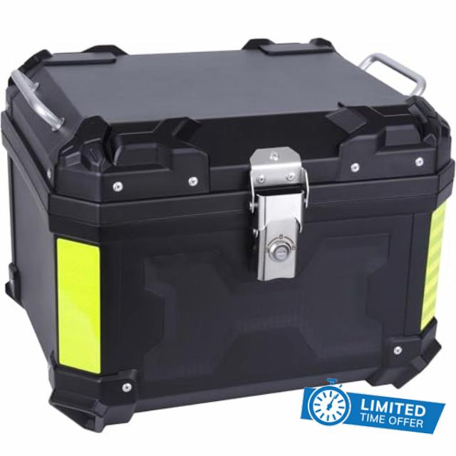 Motorcycle Top Case 45L Trunk Tail Box Bag Aluminum alloy handle with Leather Lining Anti-Theft with Lock & Back Cushion Waterproof Dustproof Easy Installation with Universal Bracket Black
