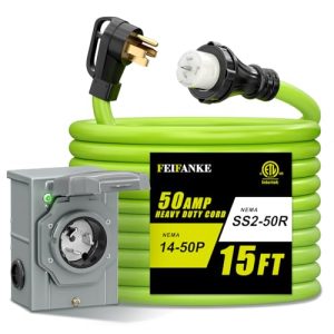 15Feet 50A 4 Prong Heavy Duty RV Extension Cord NEMA 14-50P to SS2-50R STW 6/3+8/1 AWG Gauge Wire Cable for RV Camper & House