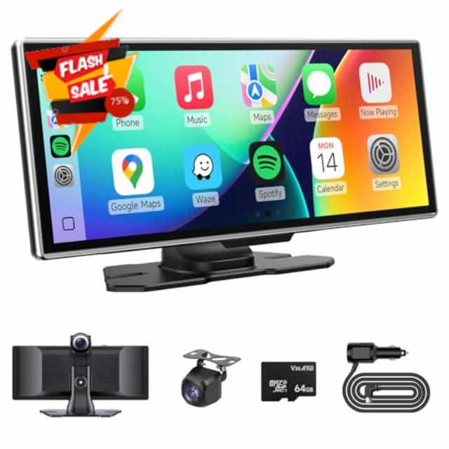 Wireless Carplay Screen for Car with 4K Dash Cam & 1080P Backup Camera