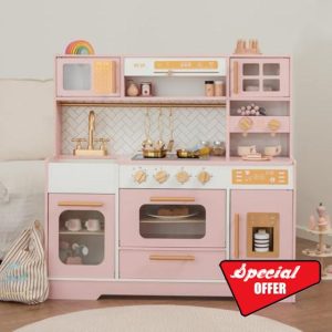 Pink Wooden Play Kitchen for Kids– Realistic Appliances