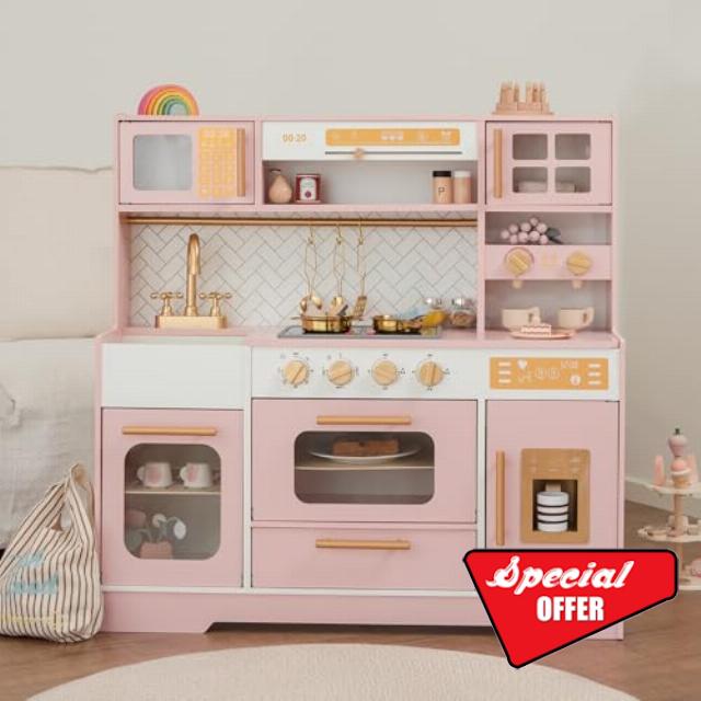 Pink Wooden Play Kitchen for Kids– Realistic Appliances