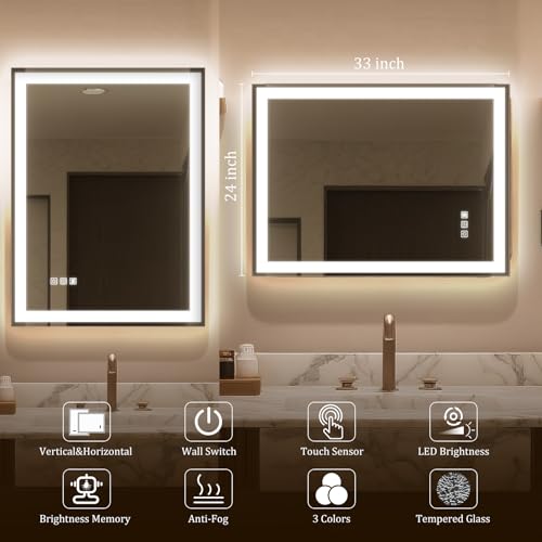 3 Colors Dimmable Anti Fog Wall Bathroom Mirror with Lights
