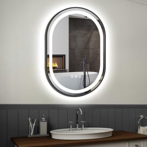 Anti-Fog Dimmable 3 Colors Black Framed LED Oval Lighted Mirror for Bathroom