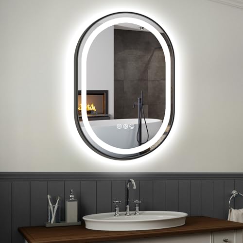 Anti-Fog Dimmable 3 Colors Black Framed LED Oval Lighted Mirror for Bathroom