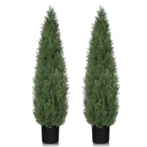 Set of 2 Faux Cedar Bushes Topiary UV Protection and Lush Fake Cypress Shrubs for Front Door Porch Patio Garden Balcony Fence Outside Decoration