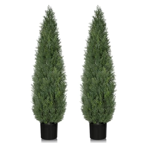 Set of 2 Faux Cedar Bushes Topiary UV Protection and Lush Fake Cypress Shrubs for Front Door Porch Patio Garden Balcony Fence Outside Decoration