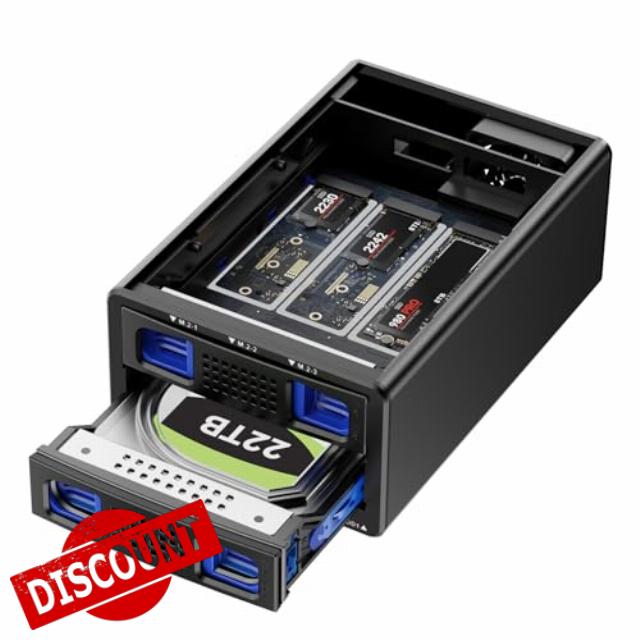 Hybrid 2.5/3.5" SATA HDD/SSD+3* M / B+M Key M.2 NVMe Enclosure with Cooling Fan and USB A/C 3.2 Gen 2 (10Gbps)