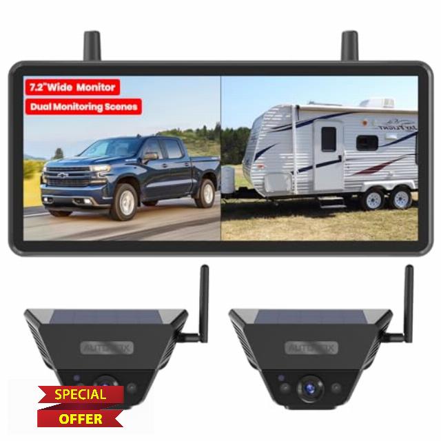 Solar Backup Camera Wireless for RVs and Trailers No-Installation - 7.2" HD 1080P Monitor